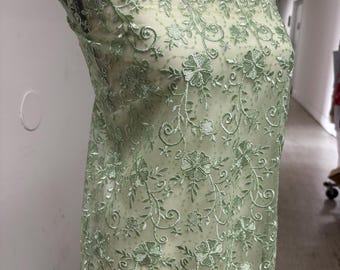 Sage lace fabric double scalloped embroidery sequence width 49&quot;. Design 04331279. shop with confidence ask fro free sample.