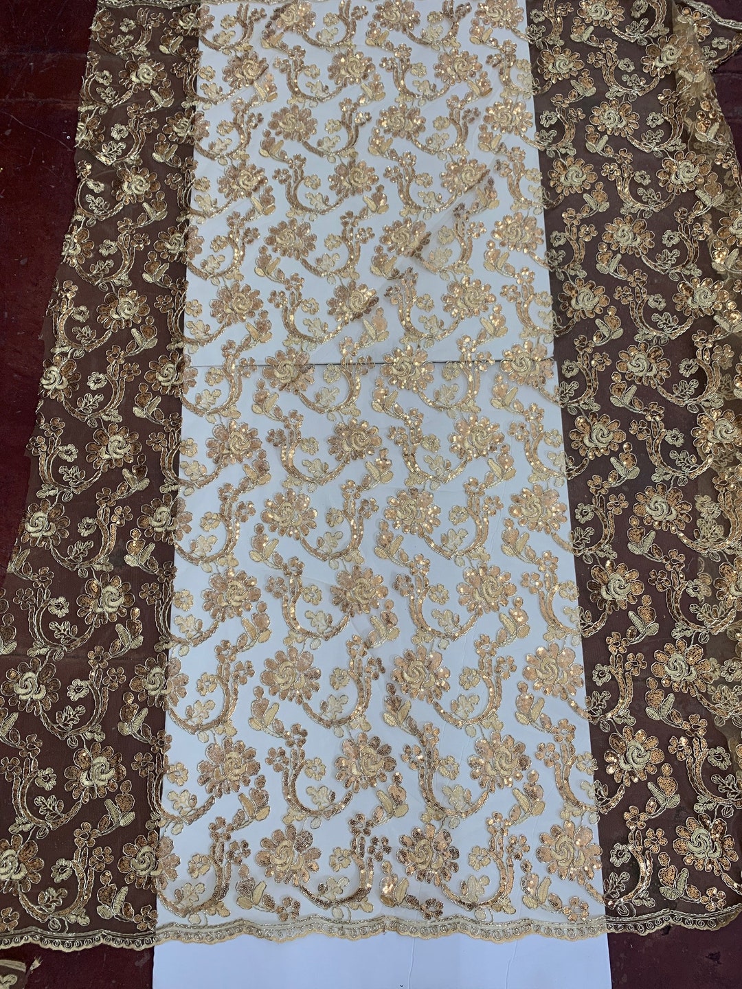 Gold Color Lace Fabric Design Angela. Sequins, Embroidery Double