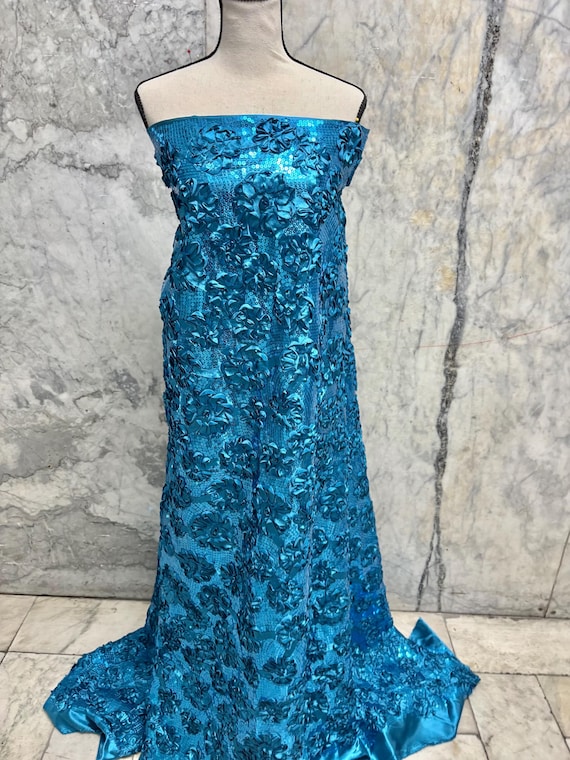 satin ribbon embroidery dress Satin ribbon embroidery with sequence fabric- Turquoise