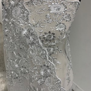 May include: Silver sequined lace fabric with a floral pattern. The lace is on a sheer mesh background.
