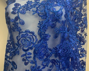 Royal Blue Lace fabric design floral style 04455911 color royal blue double scalloped sequins embroidery color width 49/50&quot;.100% polyester.