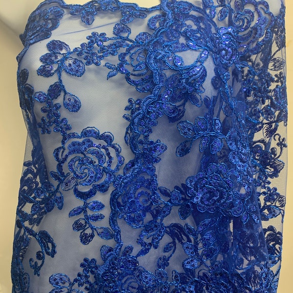 Lace fabric design floral style 04455911 color royal blue double scalloped sequins embroidery color width 49/50".100% polyester.