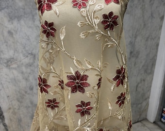 Lace Fabric Floral Embroidery on Mesh fabric - Gold burgundy - 49" Width