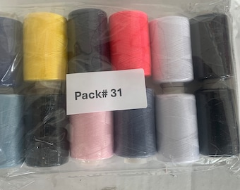 Sewing threads 12 assorted colors per package, each package assortment is different from each other, all packages has 2 black and 2 white.