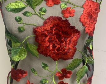 Floral Embroidery Mesh Lace, width 49/50&quot; red rose embroidery on black mesh fabric, Sells in 1-yard increments, continuous.
