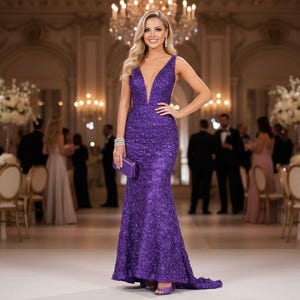 Puede incluir: Una mujer con un vestido formal largo de color púrpura con escote pronunciado y silueta de sirena. Sostiene un bolso de mano a juego. El fondo presenta un salón de baile con candelabros y mesas.