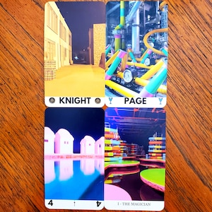Four additional cards from the liminal space tarot deck on a wooden table. On the top left is the Knight of Pentacles, top right is the Page of Cups, bottom left is the Four of Swords, and bottom right is The Magician.