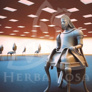 A full-screen depiction of the Knight of Wands from the Liminal Space Tarot Deck. It shows an abstract room with a knight statue in the foreground that has melded with a chair. The label on the bottom reads Knight with a wand symbol on each side.