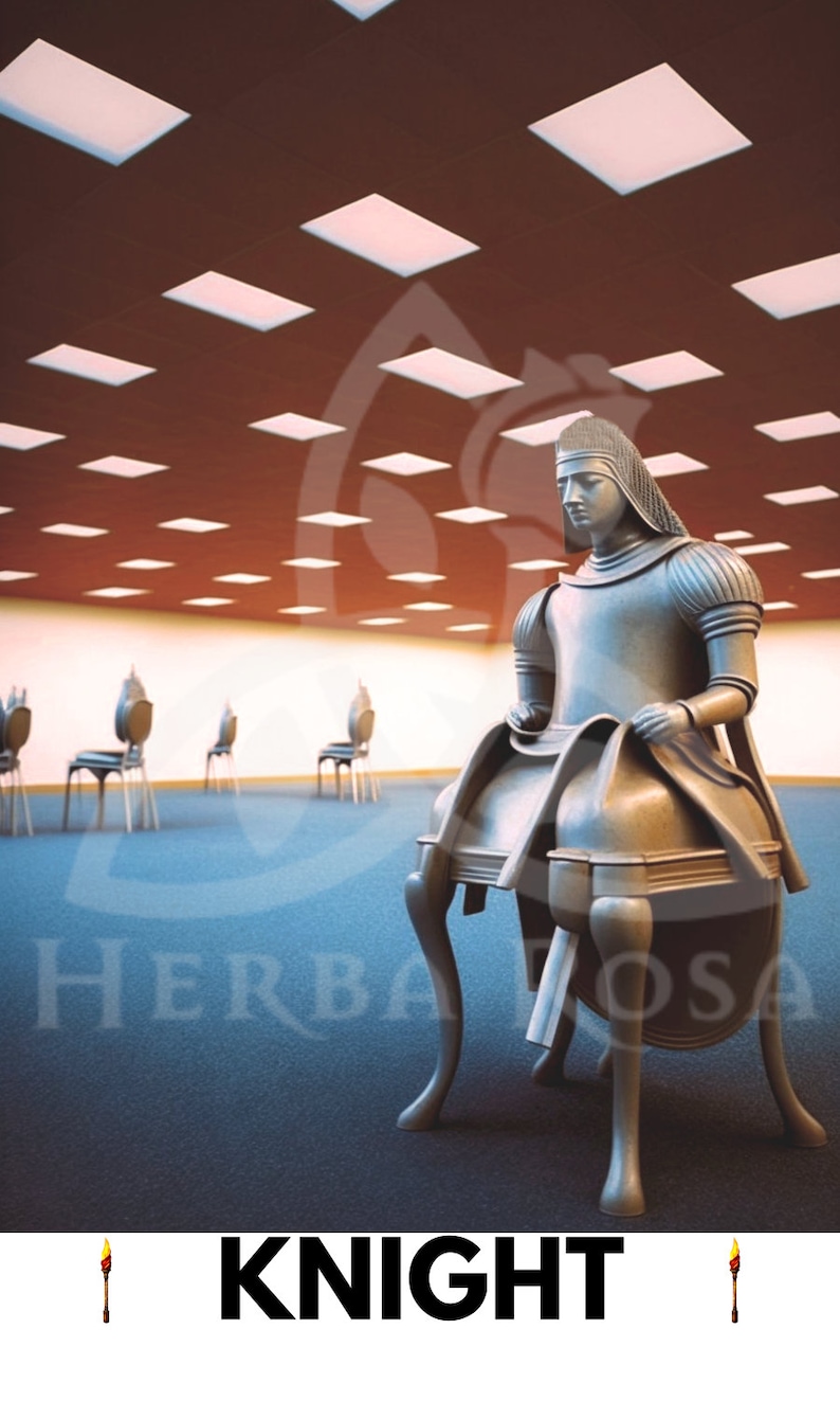 A full-screen depiction of the Knight of Wands from the Liminal Space Tarot Deck. It shows an abstract room with a knight statue in the foreground that has melded with a chair. The label on the bottom reads Knight with a wand symbol on each side.