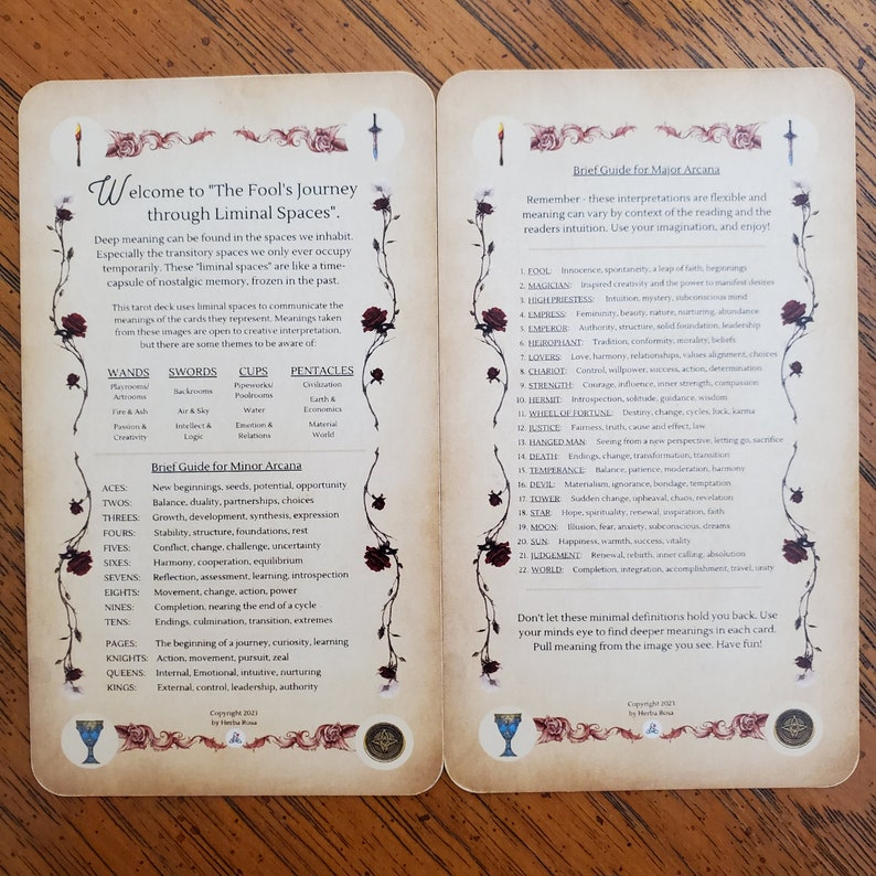 The two information cards for the Liminal Space Tarot Deck. The one on the left summarizes the concept, the themes of the suits, and meanings for the minor arcana. The card on the right summarizes meanings for the major arcana.
