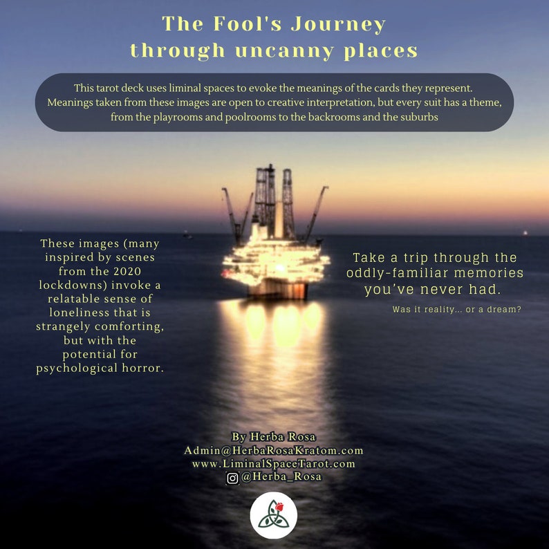 Liminal Space Tarot Deck infographic with the image of an oil rig on a calm sea at sunset for a background. The title reads The Fool's Journey through Liminal Spaces and the text describes the tarot deck and provides contact info.