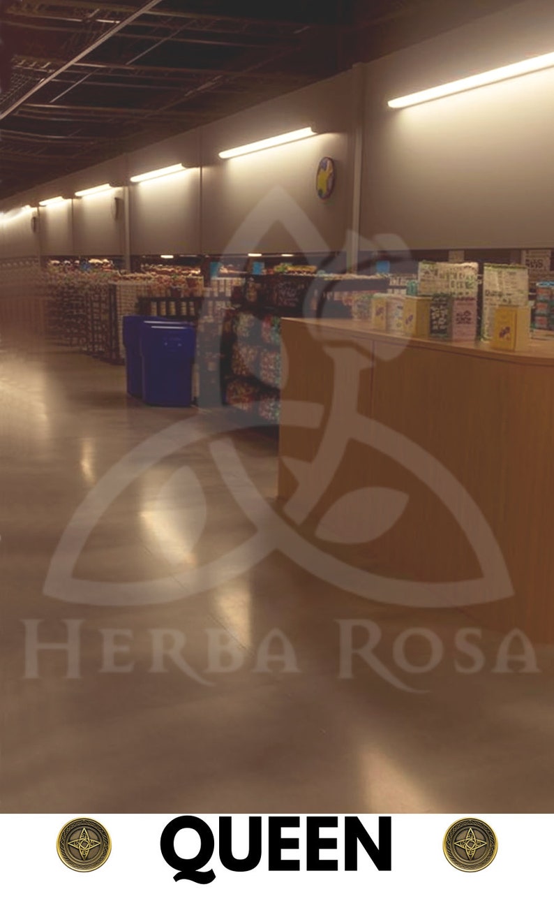 A full screen rendering of the Queen of Pentacles from the Liminal Space Tarot Deck. It shows a fully stocked wall in a grocery store, empty of people and dimly lit.  The label on the bottom reads Queen with a coin symbol on each side.