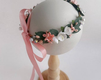 Cream and beige baby headband, baby flower crown, flower girl headband, baptism crown flower,baptism christening headband, baby flower crown