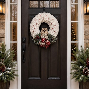 May include: A white pom-pom wreath featuring small red berries, a central owl figurine, and a decorative bow with red and white patterns. The wreath is hung on a dark brown door, flanked by two potted evergreen plants with pinecones and berries.