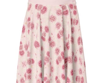 Rosa rosmönstrad utsvängd skaterkjol med resår i midjan