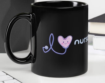 Personalized I Heart Nurses Black Glossy Mug | Nurse gift, RN, Healthcare worker, Doctor, Medical specialty, Cute, Physician Assistant