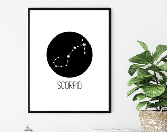 May include: A framed print featuring the Scorpio constellation. The design shows a white constellation pattern within a black circle, with the word "SCORPIO" below. The artwork is set against a white background.