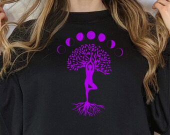 Tree of Life Cropped Fleece Pullover. Phases of the moon crop hoodie, Yoga hoody, Spiritual tee, Gift for her, Nature-Lover hoodie, Forest