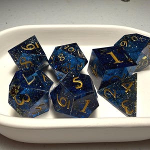 Handmade DnD Dice Set - Navy Blue Gold Sparkle, Sharp Edge
