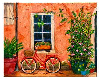 Red Bicycle on a Pink Wall Art Print