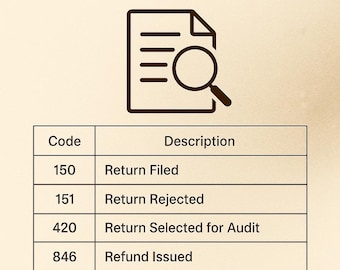 May include: An infographic titled "IRS Tax Transcript Codes Explained" with a document icon and magnifying glass. The graphic lists codes 150, 151, 420, and 846 with their descriptions. The Pretty Paid Bosses logo is at the bottom.