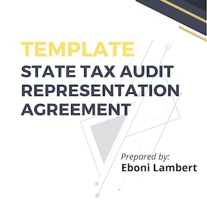 Può includere: Un modello per un accordo di rappresentanza per un audit fiscale statale. Il testo "TEMPLATE STATE TAX AUDIT REPRESENTATION AGREEMENT" è in giallo su sfondo bianco. Il testo "Prepared by: Eboni Lambert" è in nero su sfondo bianco.