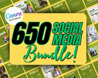 Könnte beinhalten: Ein gelber Hintergrund mit grünem und schwarzem Text, der "650 Social Media Bundle!" lautet. Der Hintergrund besteht aus kleineren Bildern von Social-Media-Posts mit grünem und gelbem Hintergrund. Der Text "ATM Tax Pro" befindet sich am unteren Rand des Bildes.