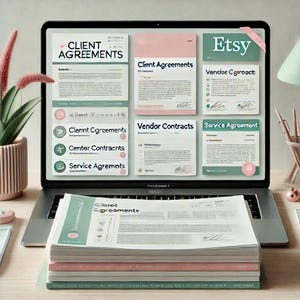 May include: A laptop computer screen displaying a website with various legal documents, including client agreements, vendor contracts, and service agreements. The website is titled "Etsy". The laptop is on a wooden desk with a stack of books titled "Closet Agreements".
