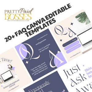 May include: A set of 20+ Canva templates for frequently asked questions (FAQs) with a purple and cream color scheme. The templates feature a stylized Q&A logo and a laptop computer with a blank screen. The text "Just Ask" is featured on one of the templates.
