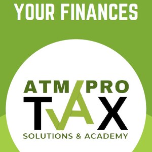 May include: Green and white logo with the text "ATM PRO TAX SOLUTIONS & ACADEMY" in black letters. The logo is on a green background with the text "STREAMLINE YOUR FINANCES" in white letters at the top.