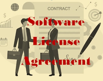Peut inclure: Deux personnes en costume se serrent la main devant un document de contrat qui indique "Software License Agreement". Le document est sur un fond beige avec un stylo, une cible et un graphique.