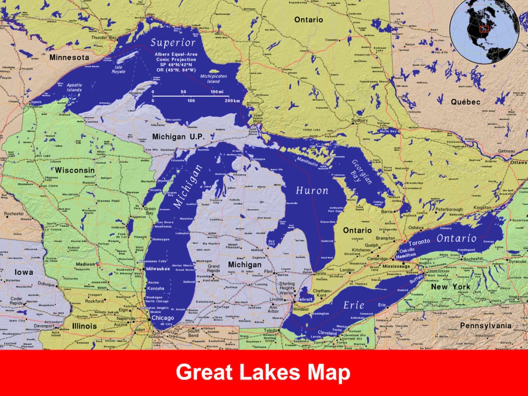 Full Color Retro Map of the Great Lakes USA Instant Digital Printable ...