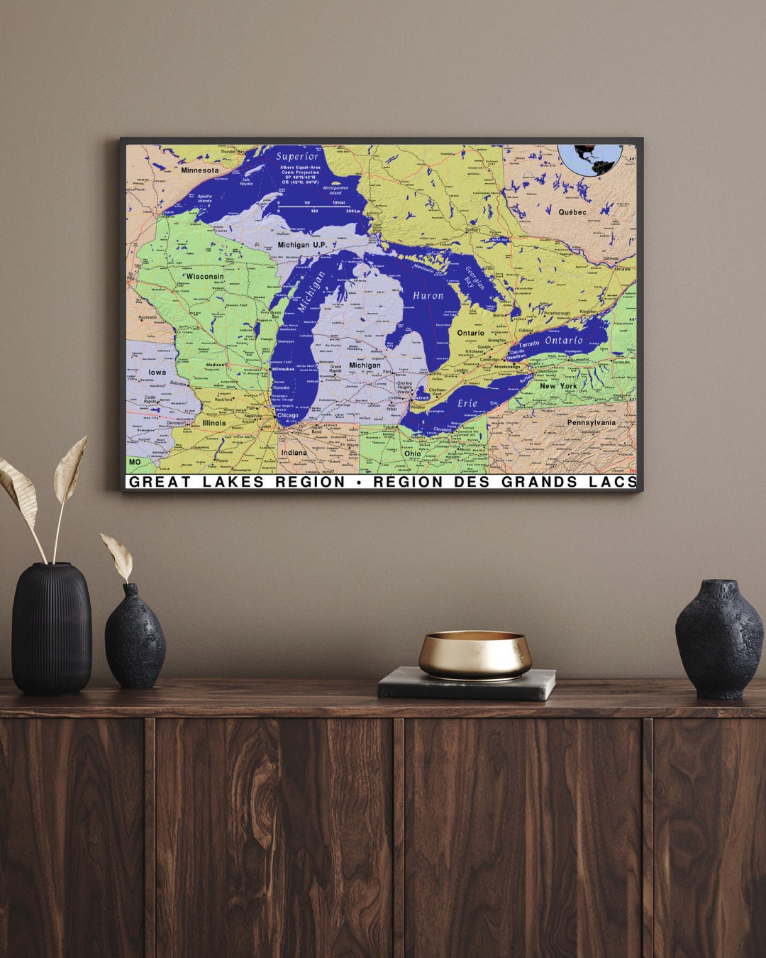 Full Color Retro Map of the Great Lakes USA Instant Digital Printable