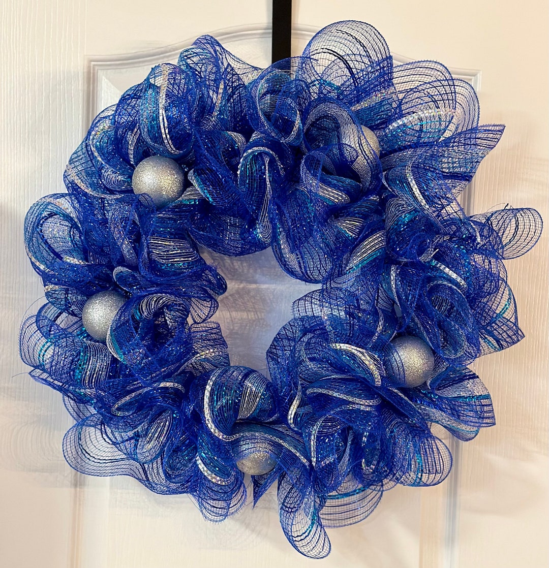 Blue & Silver Holiday Wreath Mesh Holiday Wreath Large Blue Etsy
