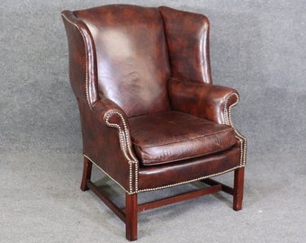 Vintage Chippendale Style Genuine Top Grain Leather Wingback Chair, Antiques, Antique Furniture, MCM, Lounge Chair, Office Decor, DPLuxuries