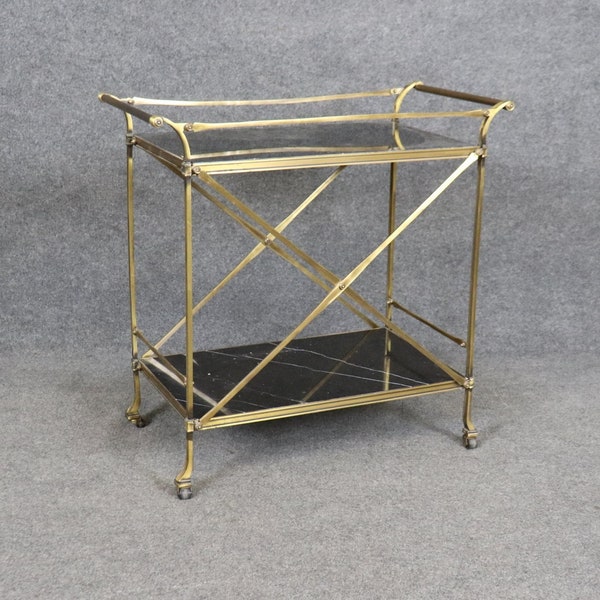 Vintage Directoire Style Brass and Marble Two Tier Bar Cart, Desert Table, Mid Century Modern Bar Cart, Antique Bar Cart, Furniture, Retro