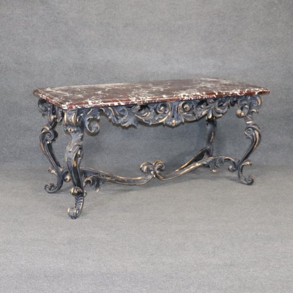 French Rococo Table Carved Ebonzied Black and Gold Rectangular Center Table, Kitchen Table With a Rouge Marble Top