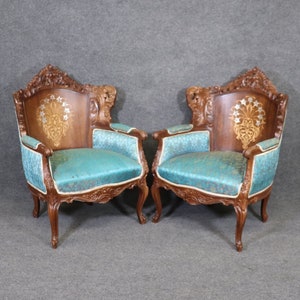 Pair of Antique Louis XV Bergere Chairs Upholstered in Silk