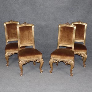 Antique Turn of the Century Set of 4 French Louis XV Style Giltwood Side Chairs, Accent Chairs, Dining Chairs, Kitchen Chairs, Chairs, Retro