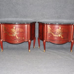 Pair of E.J. Victor Newport Historic Collection Chinoiserie Style Marble Top Commodes, Chest of Drawers, Nightstands, Vintage, MCM, Retro