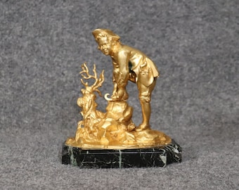 Late 19th Century Russian Bronze Ormolu Sculpture of a Boy on a Marble Base, Antique Art, Antique Sculpture, Antique Decor, Vintage Decor