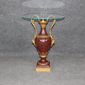 Late 19th Century Louis XV Style Bronze Ormolu Mounted Rouge Marble Glass Top Accent Table, Side Table, End Table, Antique Table, Luxury