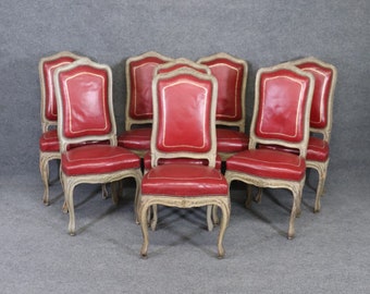 Set of 8 Louis XV Style Paint Decorated Leather Upholstered Dining Chairs, Kitchen Chairs