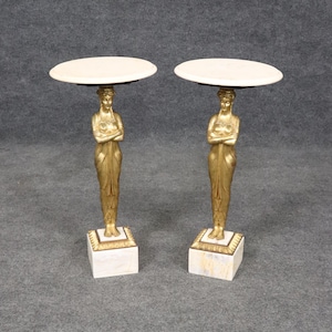 Vintage Pair of French Empire Style Marble Top Figural End Tables, Side Tables, Accent Tables, Gold Tables, Pair Tables, Furniture, Retro