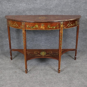 Antique 19th Century Adams Paint Decorated Demilune 2 Tier Console Table, Sofa Table, Entryway Table, Vintage Table, Furniture, Retro