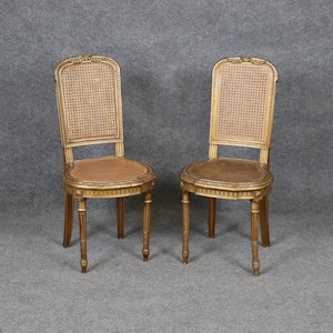 Pair of French Louis XVI Style Distressed Gilt Cane Back Side Chairs, Accent Chairs, Parlor Chairs, Vintage Chairs, Pair Chairs, Gold Chairs