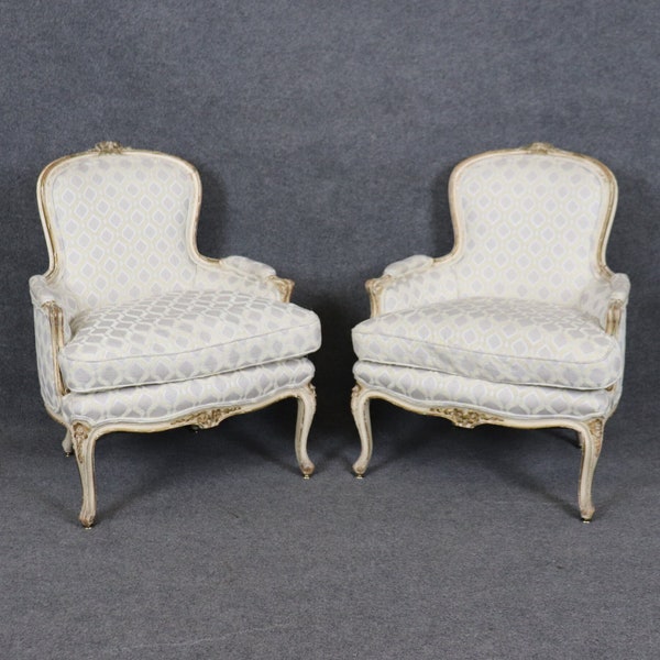 Vintage Pair of Louis XV Style Distressed Paint Decorated Bergeres, Armchairs, Accent Chairs, Antique, Pair Chairs, Furniture, French Decor