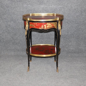 19th Century Louis XV Style Scarlet and Ebonized Chinoiserie Paint Decorated Ormolu Mounted Accent Table, End Table, Antique, Furniture