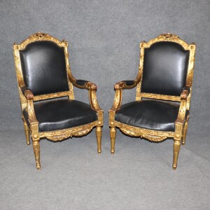 Vintage Pair of Louis XVI Style Carved Gilt Armchairs with Black Upholstery, Accent Chairs, Club Chairs, Lounge Chairs, Pair Chairs, Retro