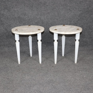 Vintage Pair of Italian Louis XVI Style Paint Decorated Marble Top End Tables, Side Tables, Accent Tables, White Tables, Antique Furniture